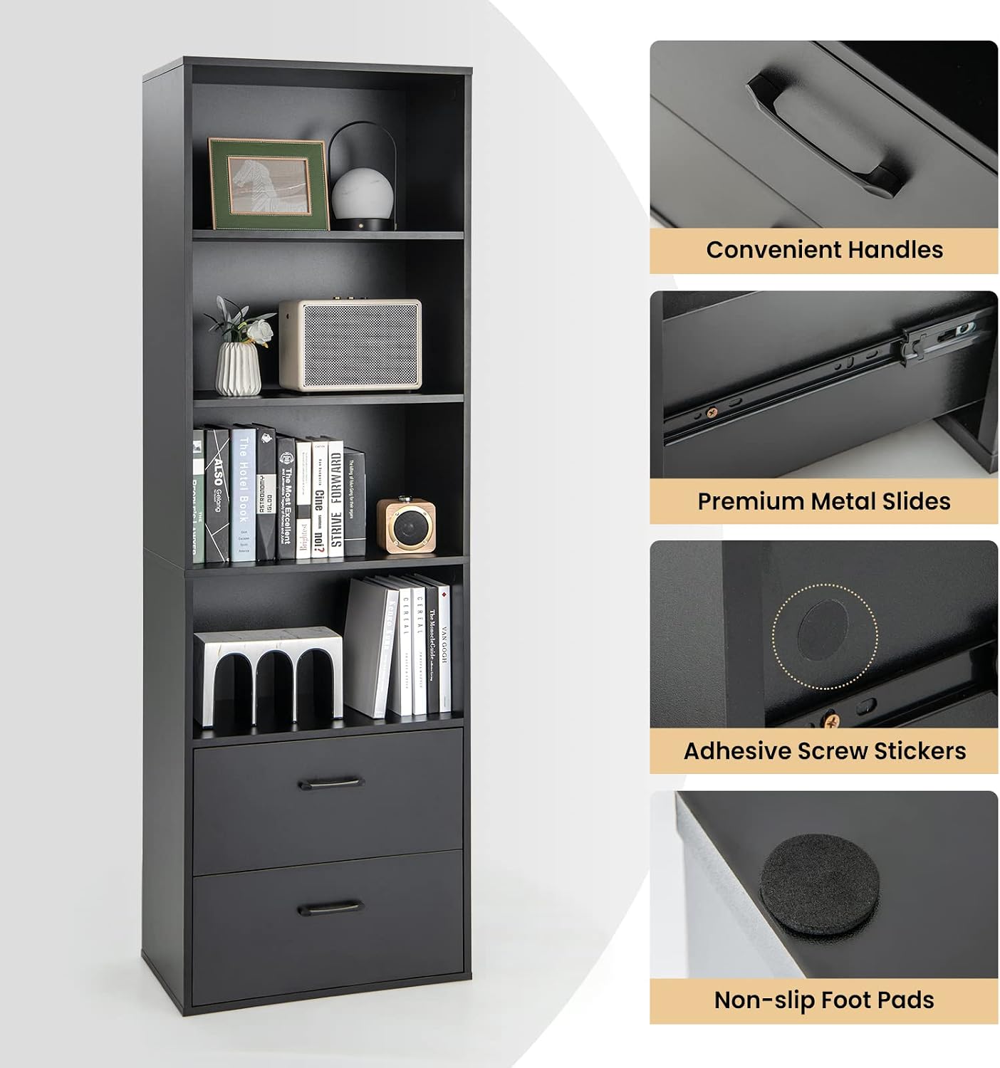 LOKO 74 Inches Tall Bookcase, 6-Tier Modern Tall Storage Cabinet with 2 Drawers & 4 Open Shelves, Freestanding Wooden Bookshelf with Anti-toppling Devices for Living Room, Study, Home Office (Black)
