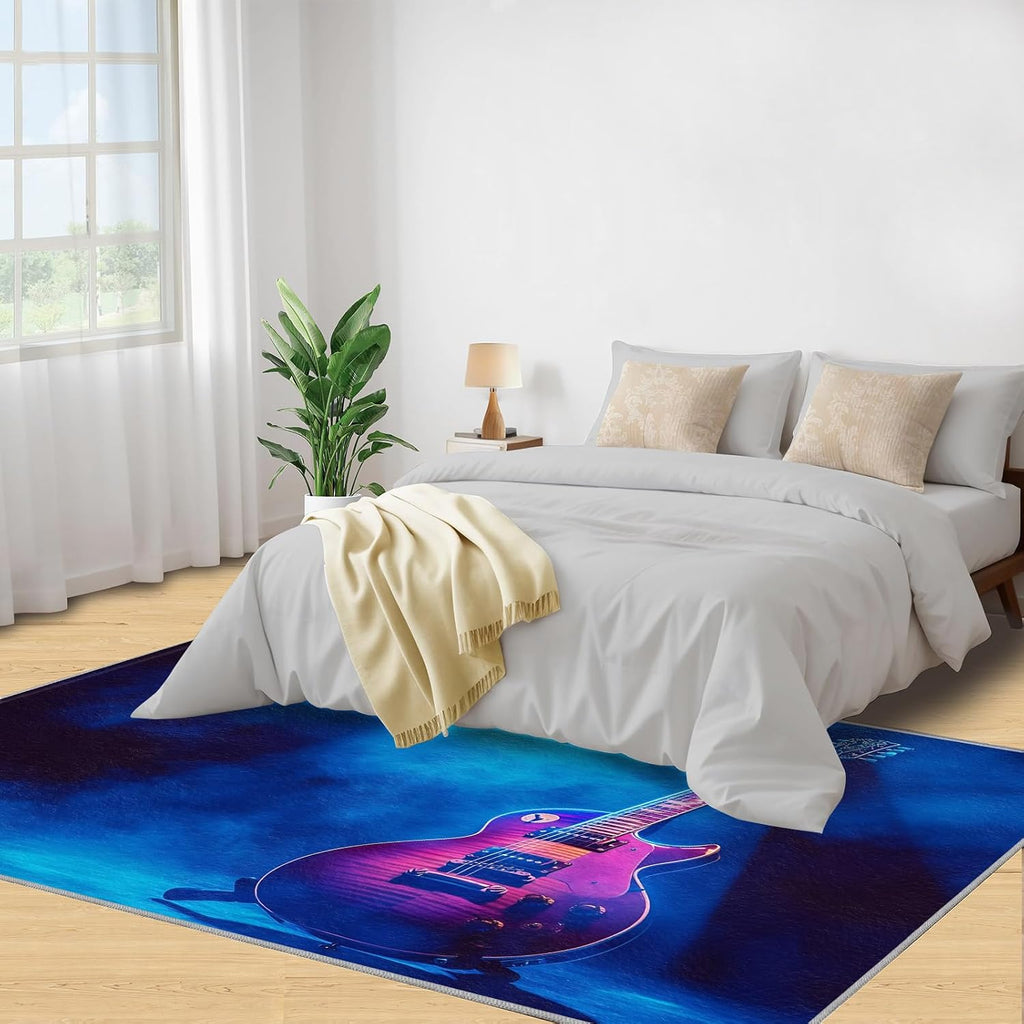 Guitar Rug 8x10, Music Area Rugs for Bedroom, Guitar Rugs for Boys Room, Low Pile Non Slip Carpet for Computer Game Room Dormitory