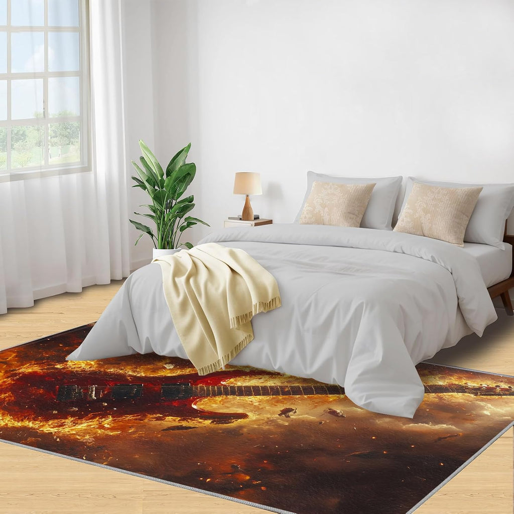 Flaming Electric Guitar Area Rug 6x8 - Exploding Guitar Large Rugs for Living Room, Rock Music Carpet Area Rug for Girls Bedroom Kids Room Basement Office Classroom