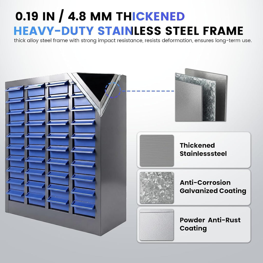 40-Drawer Small Parts Organizer, Metal Nut and Bolt Organizer, Bolt Bin with Alloy Steel Construction Outer Frame, Freestanding Storage Cabinet with Labels for Garage Workbench, Shop & Crafts