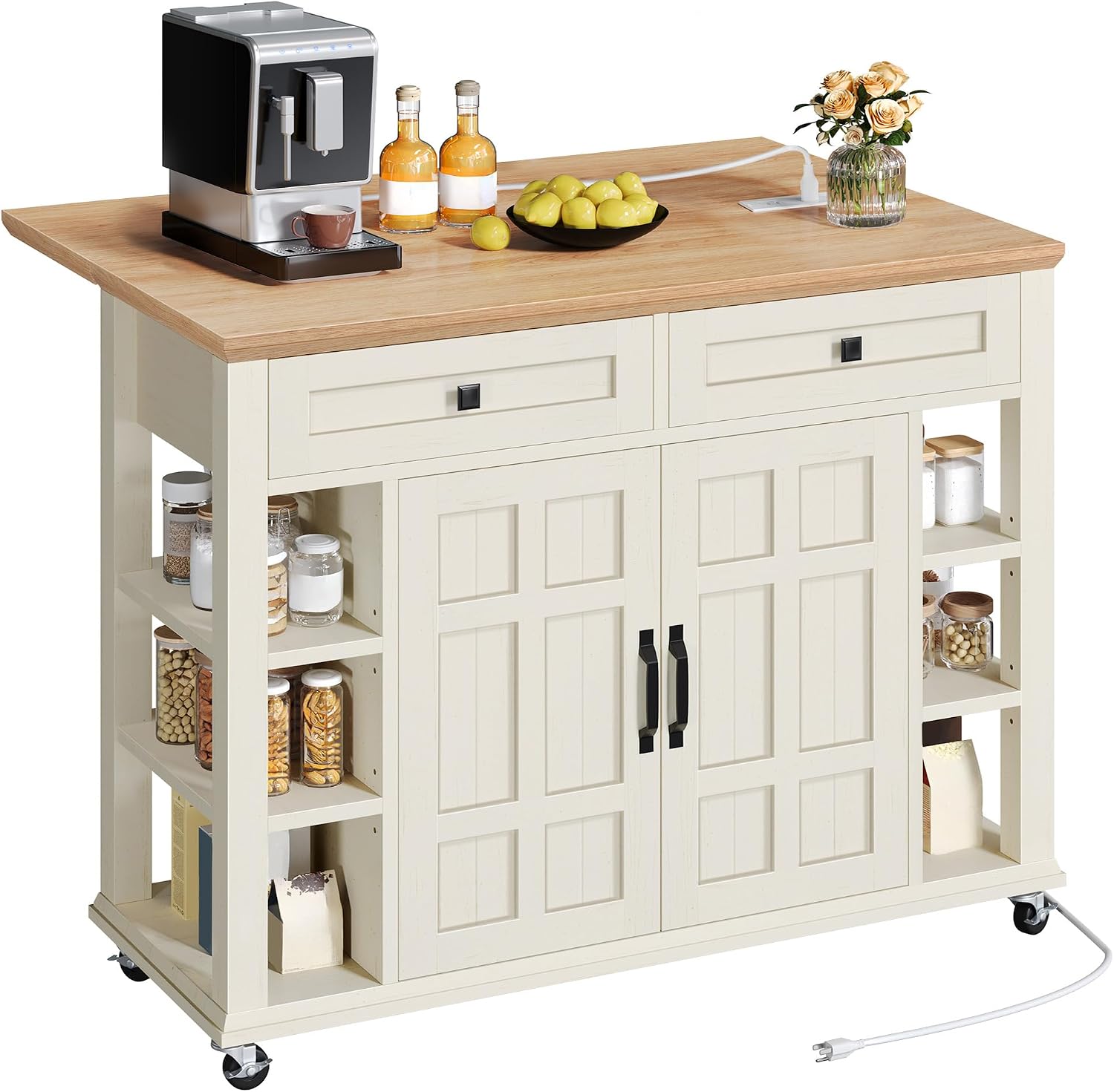 YITAHOME Kitchen Island with Drop Leaf, Mobile Storage Island with Power Outlet, Americana Rolling Kitchen Carts with Storage Shelves and Drawers, Island Table on Wheels for Dining Room, Beige