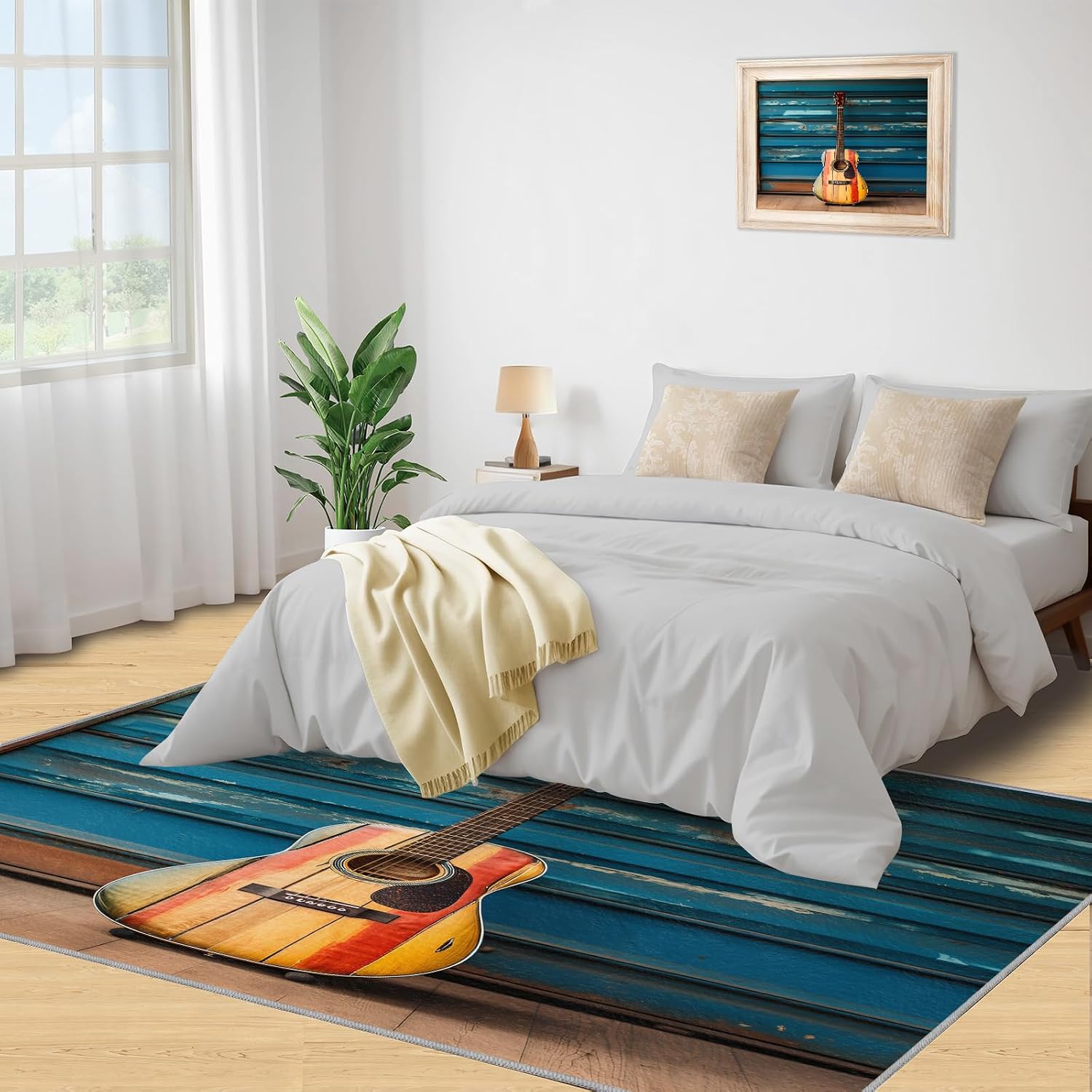Area Rug 6x8ft, Musical Instruments Guitar Rugs for Living Room, Music Theme Home Bedroom Rug, Machine Washable Breathable Durable Indoor Carpet for Bedside Porch Entryway Office