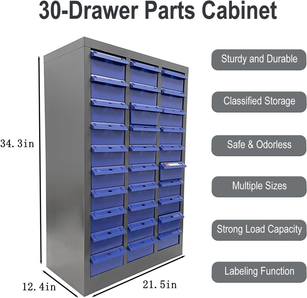 30-Drawer Parts Storage Cabinet, 21.5' L x 12.4' D x 34.3' H, Cold Rolled Steel & ABS Material, Heavy Duty Organizer for Home, Repair Shop, and Factory, Doorless Design