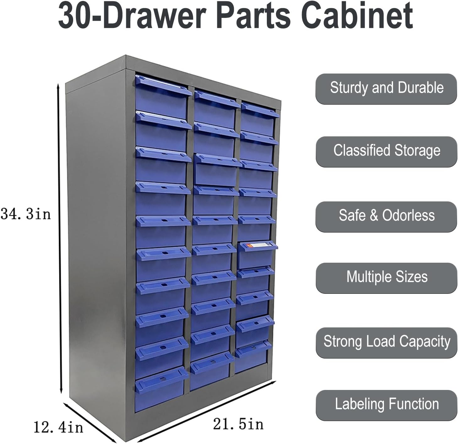 30-Drawer Parts Storage Cabinet, 21.5' L x 12.4' D x 34.3' H, Cold Rolled Steel & ABS Material, Heavy Duty Organizer for Home, Repair Shop, and Factory, Doorless Design