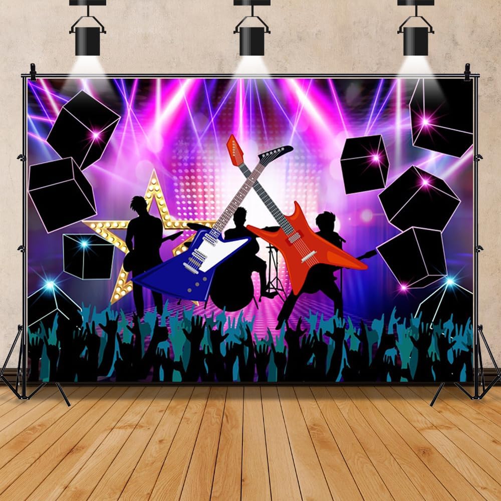Laeacco 20x10ft Neon Music Concert Stage Backdrop Electronic Guitar Music Carnival Rock and Roll Live Shows Photography Background Kids Adults Birthday Party Cake Table Decor Banner Photo Booth Props