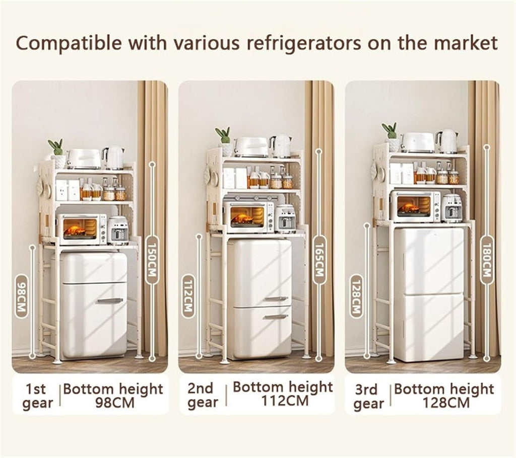 Mini Fridge Stand Storage Refrigerator Shelf 3 Tier Expandable Adjustable Height Microwave Stand Shelf Kitchen Bakers Rack for Refrigerators Below 1.2m Solid Construction(White)