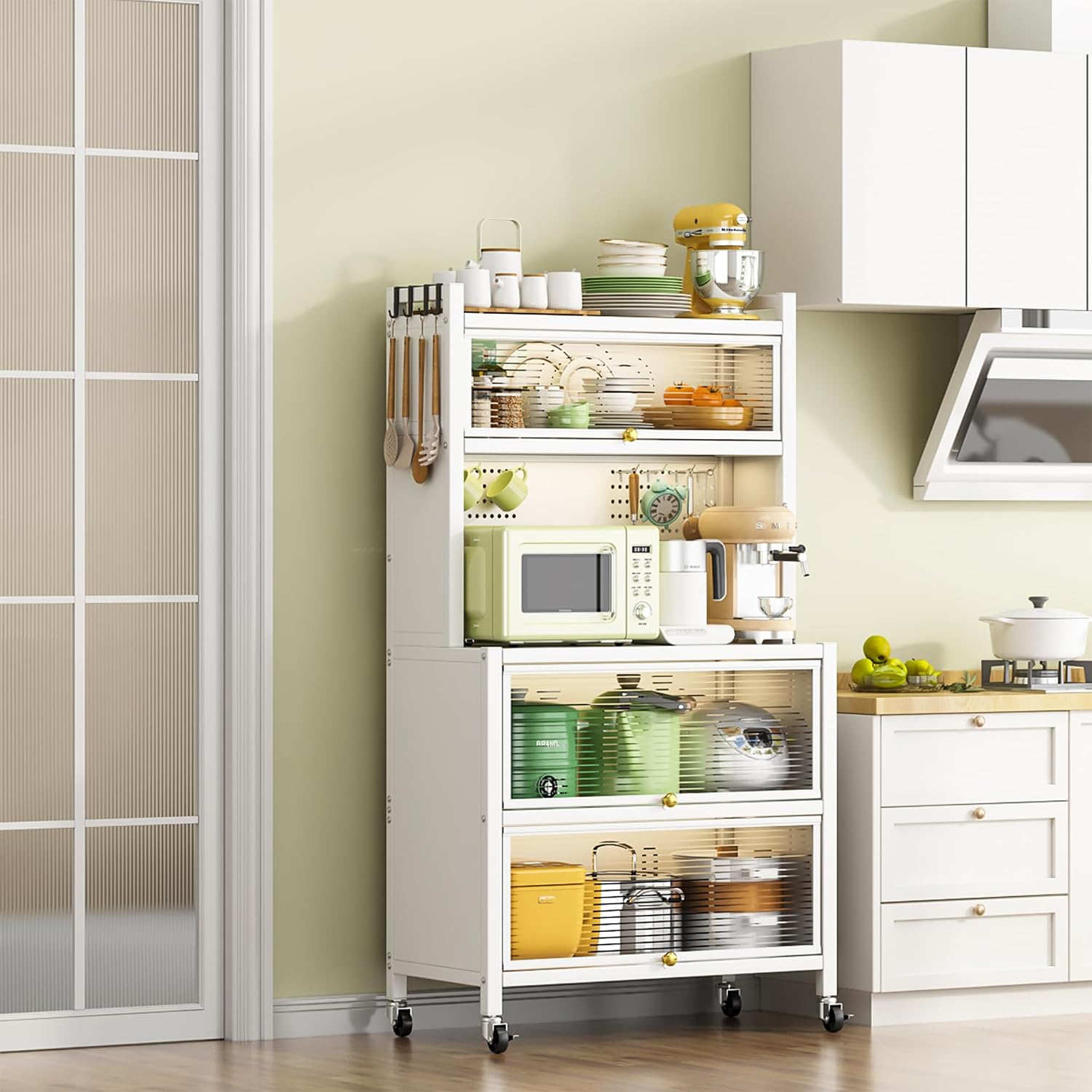 65'' Tall Kitchen Bakers Rack with Flip Door Cabinet, 5 Tier Multifunctional Microwave Stand Buffet, Coffee Bar, Kitchen Storage Cabinet Shelf, Quick Assembly, White
