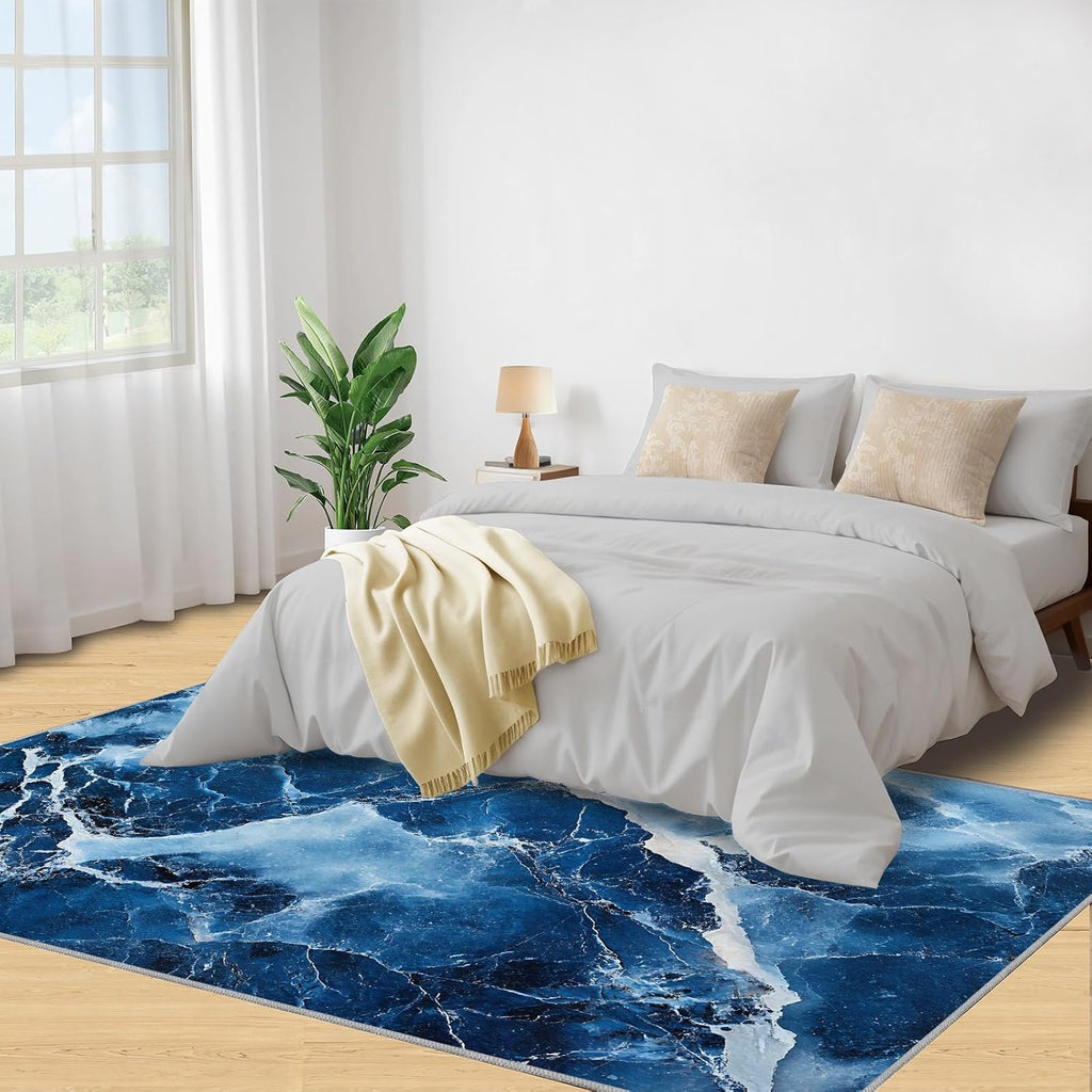 Blue Marble Rug 6x8, Marble Rugs for Bedroom, Cracked Agate Area Rug, Home Decor Rugs for Living Room, Non-Slip Machine Washable Carpet