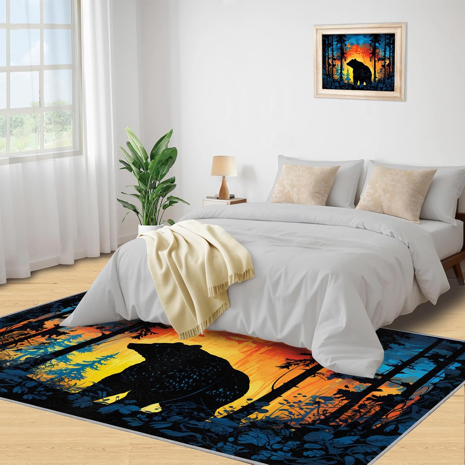 Bear Rug for Kids Room - 6x8 Large Rug, Fire and Ice Forest Rugs for Bedroom Nature Jungle Wild Animals Area Rugs for Living Room Home Decor Washable Rug