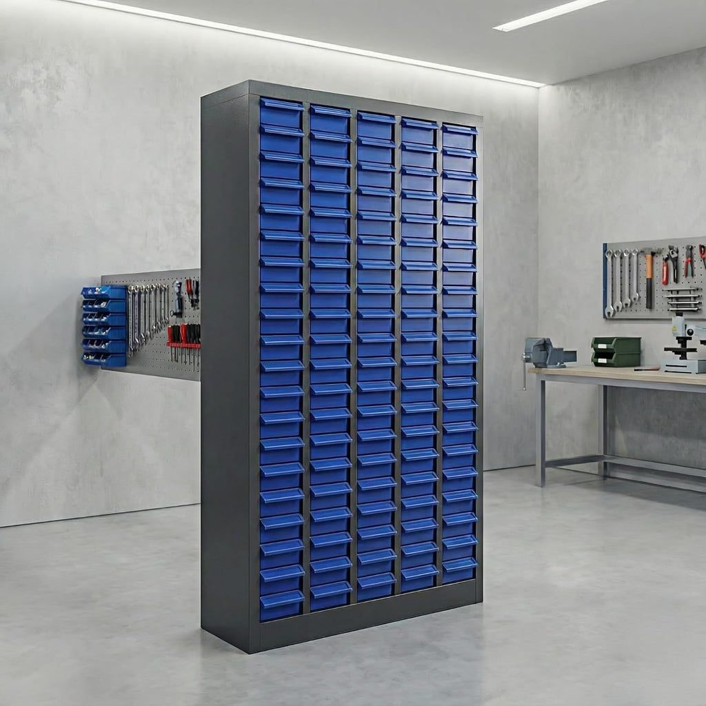 100 Drawers Nut and Bolt Organizer, 26' D x 9' W x 46' H Bolt and Nut Tool Storage Cabinet, Stainless Steel Parts Cabinet with Shelves and Label Stickers for Workshop Garage Warehouse (100 Drawers)