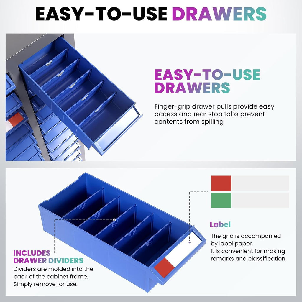 75-Drawer Small Part Organizer with 5 Dividers & 2 Labels Per Drawer, Nut and Bolt Organizer with Rear Stops, Rust Prevention & Corrosion Resistant Part Cabinet for Mechanics (75-Drawer)