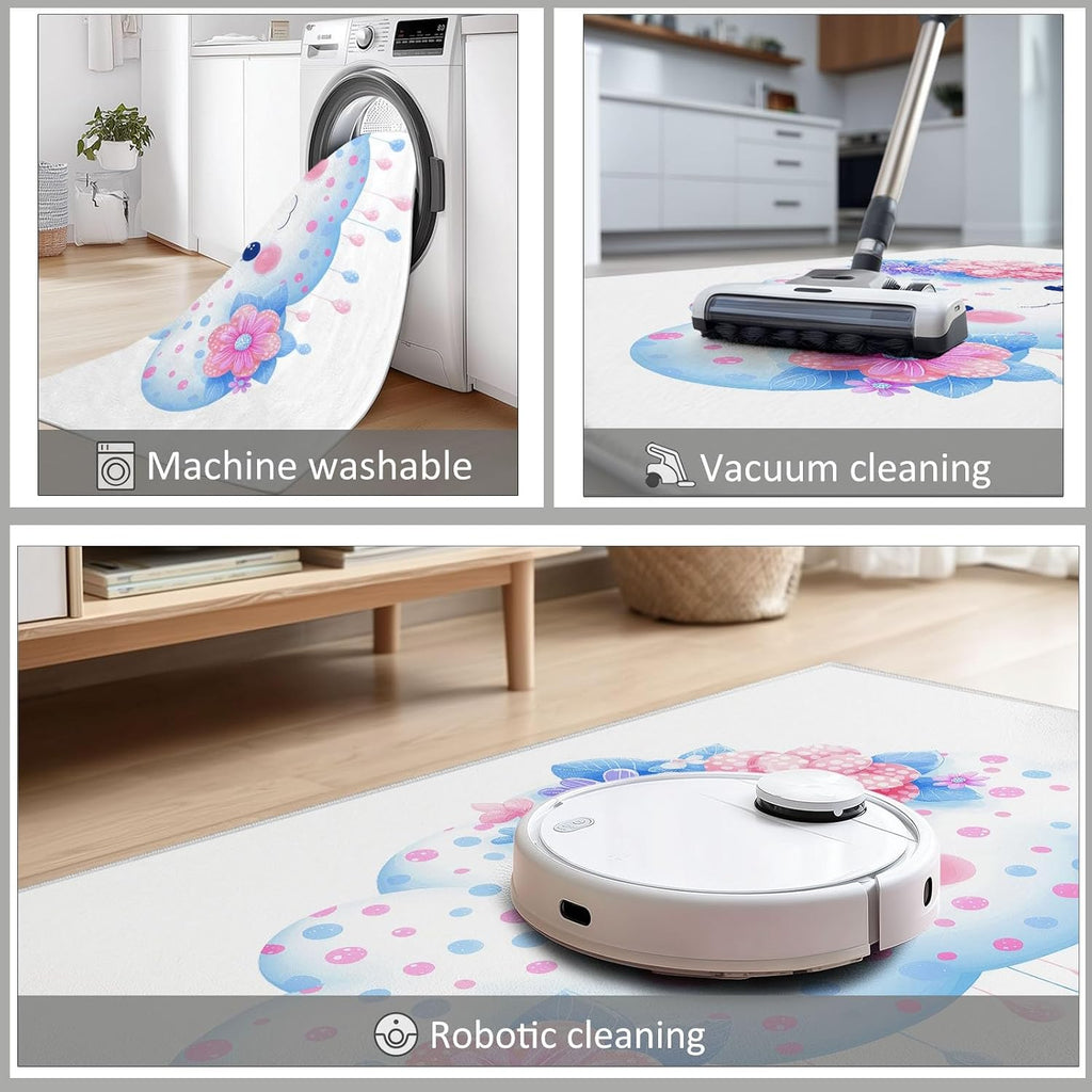 Washable Area Rug 5 x 7 ft, Cartoon Fresh Flowers Clouds Soft Print Kids Area Rugs for Living Room - Non-Slip Stain Resistance White Indoor Carpet for Bedroom Kid Nursery Playroom