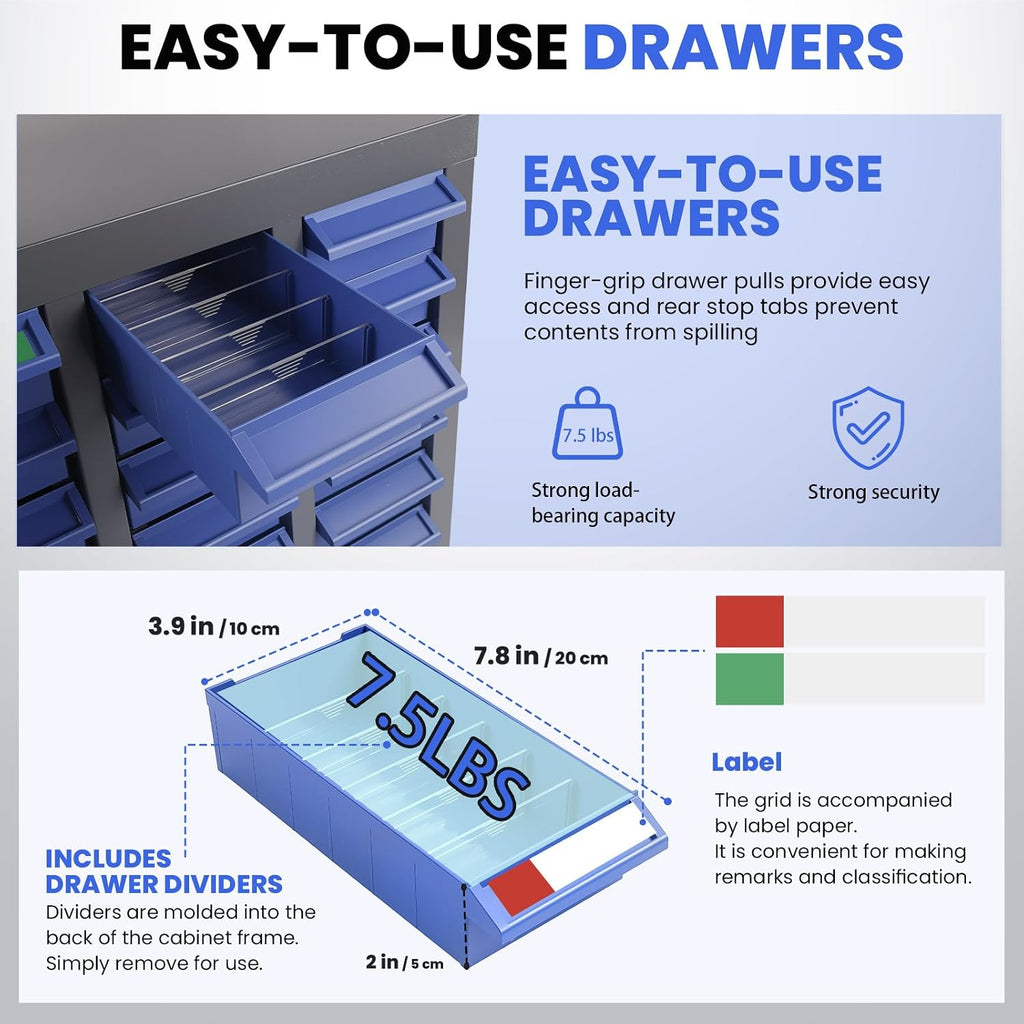 ABS-40 Drawer Parts Cabinet, Bolt, nut and Tool Parts cabinets, Alloy Steel Parts Cabinet with Labels and Shelves, Suitable for garages, basements, and Small Tool Storage