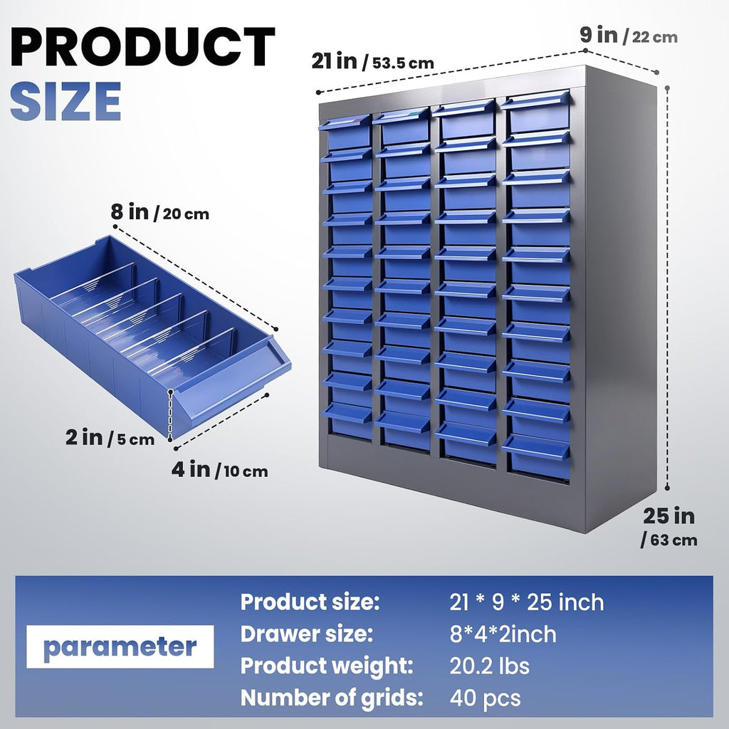 40 Drawer Alloy Steel Nut and Bolt Organizer, ABS Material Parts Cabinet, 21' L×9' W×25' H Nuts and Bolts Organizers and Storage, Bolt Bins Organizers for Shop Garage Workshop