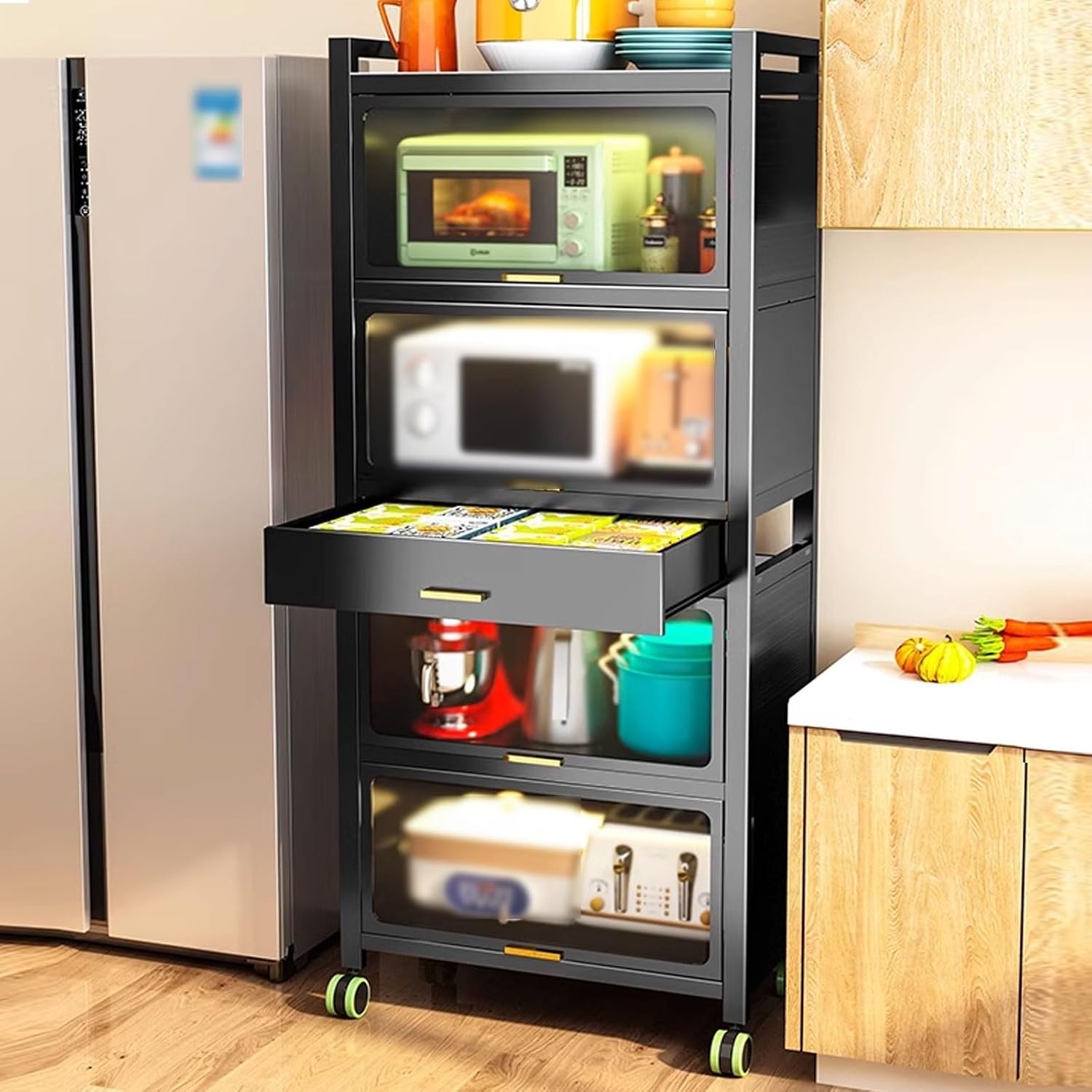 Bakers Rack with Storage Cabinet Kitchen Shelf Organizer and Storage with Drawer with Rolling Wheels, for Spices, Pots and Pans(White,60 * 40 * 135.4cm)