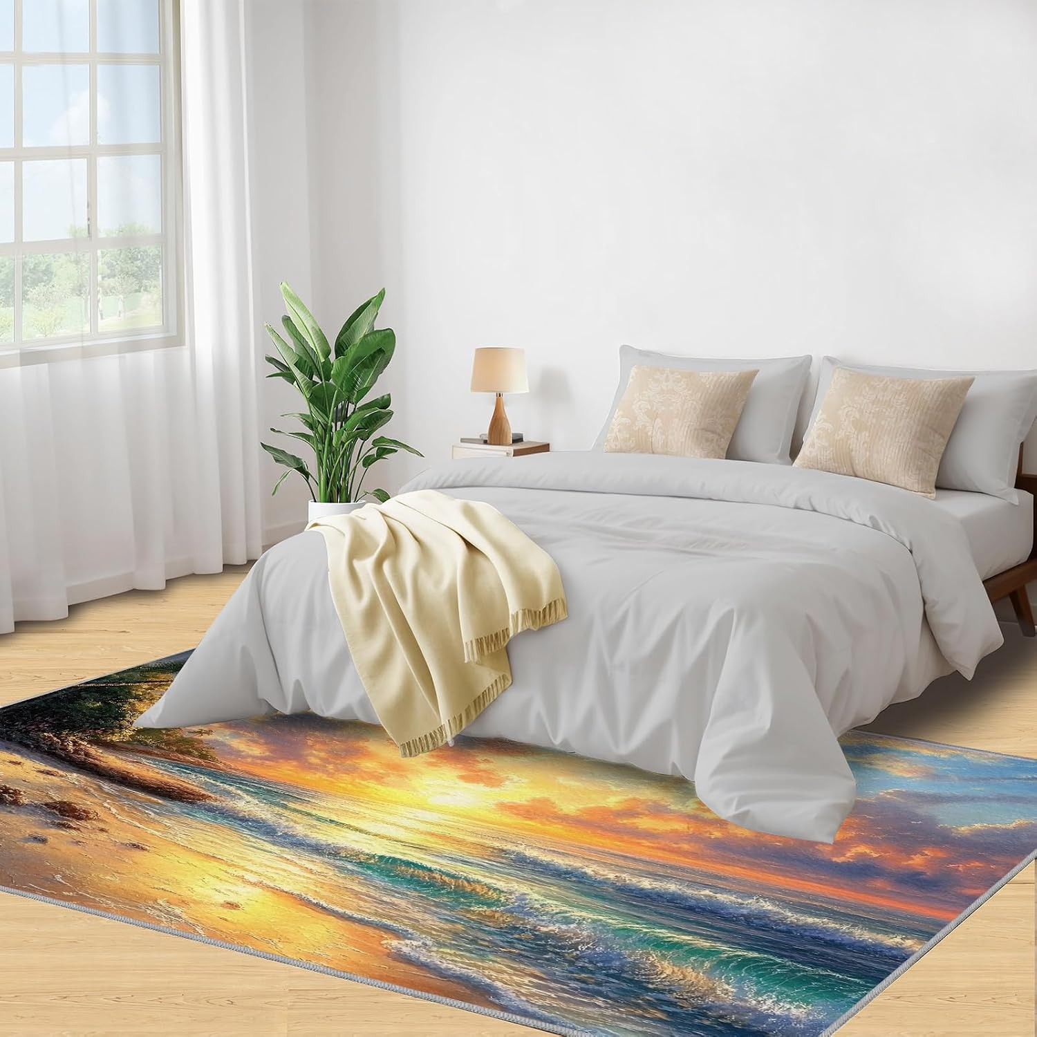 Beach Rug 6x8, Scenery Rugs for Living Room, Oil Painting Beach Area Rug, Washable Rugs for Bedroom, Kitchen Dining Room Decor Carpet