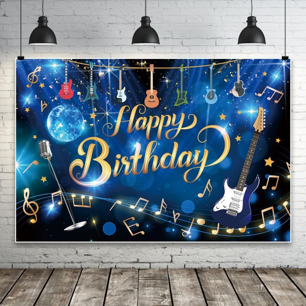 AWERT 20x10ft Blue Popular Music Theme Happy Birthday Background Banner Colorful Guitar Gold Music Notes Photography Backdrop Kids Adults Birthday Party Decoration Supplies