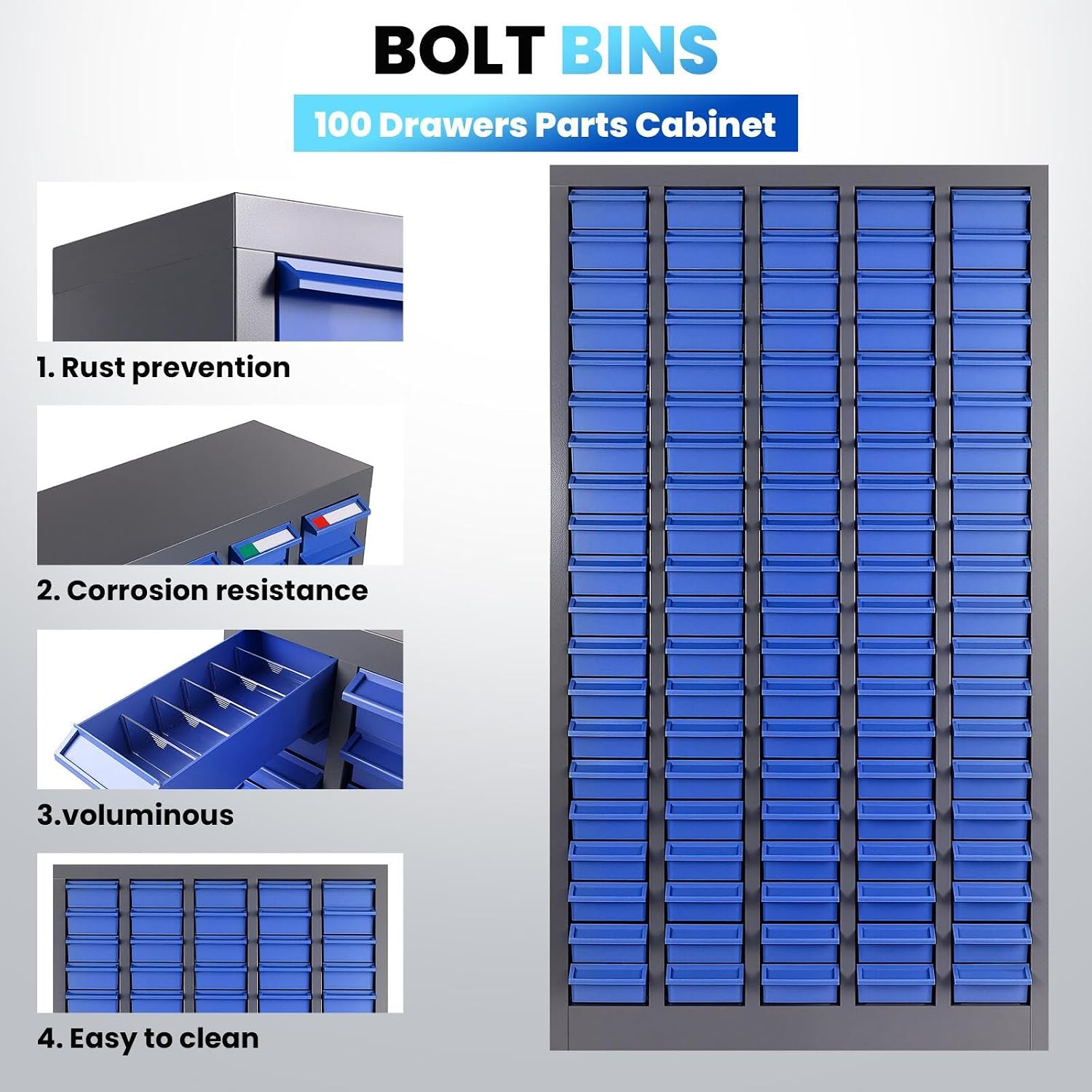 100 Drawer Parts Cabinet, ABS Material Nut and Bolt Organizer, Bolt Bins Organizer for Shop with Shelf and Label, Bolt Bins for Storing Sample, Metals and Electronic Element, Blue