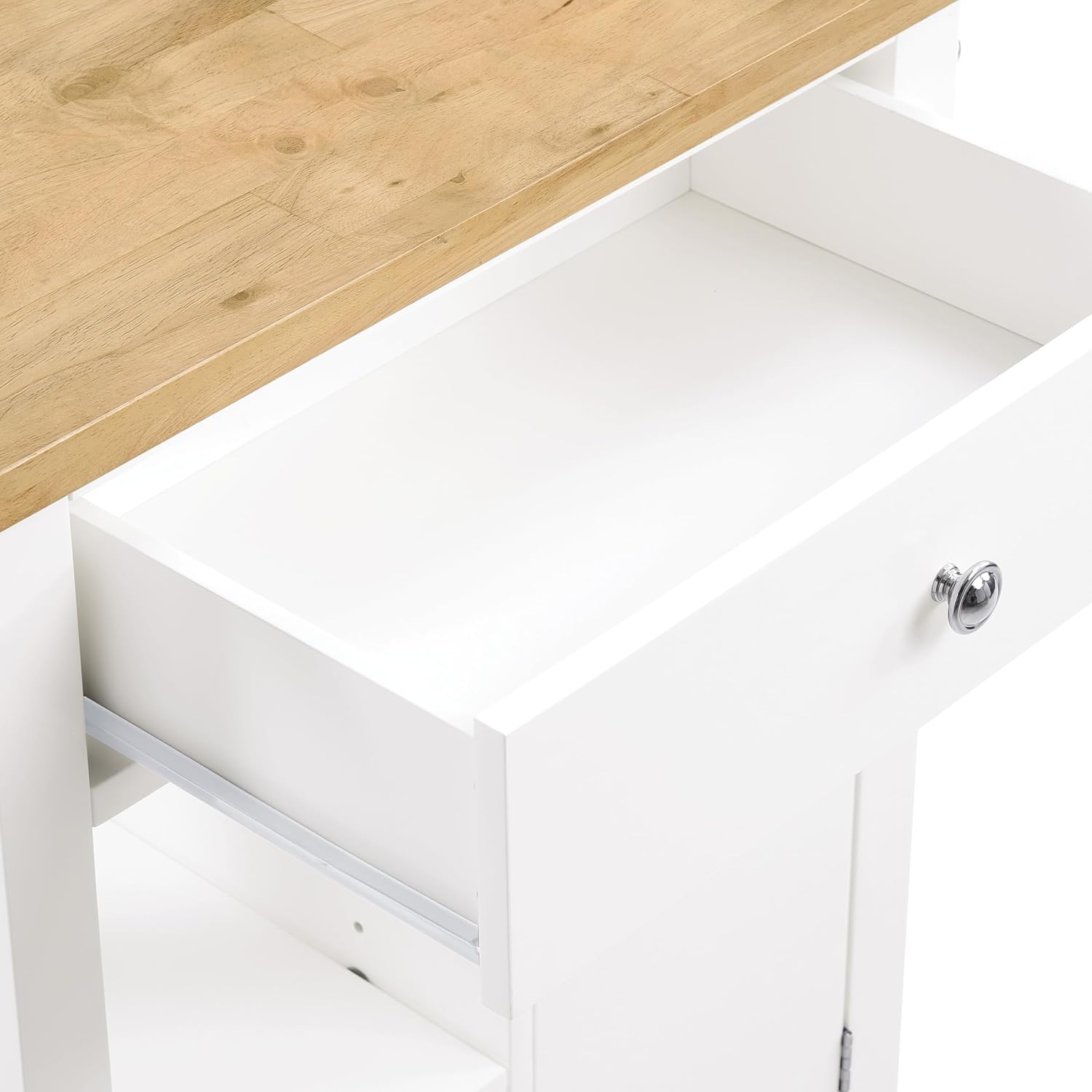 OSP Home Furnishings Derry Modern Farmhouse Kitchen Cart with Natural Butcher Block Top, Rolling Storage Cabinet with Drawer, Shelves, Hooks, White Finish