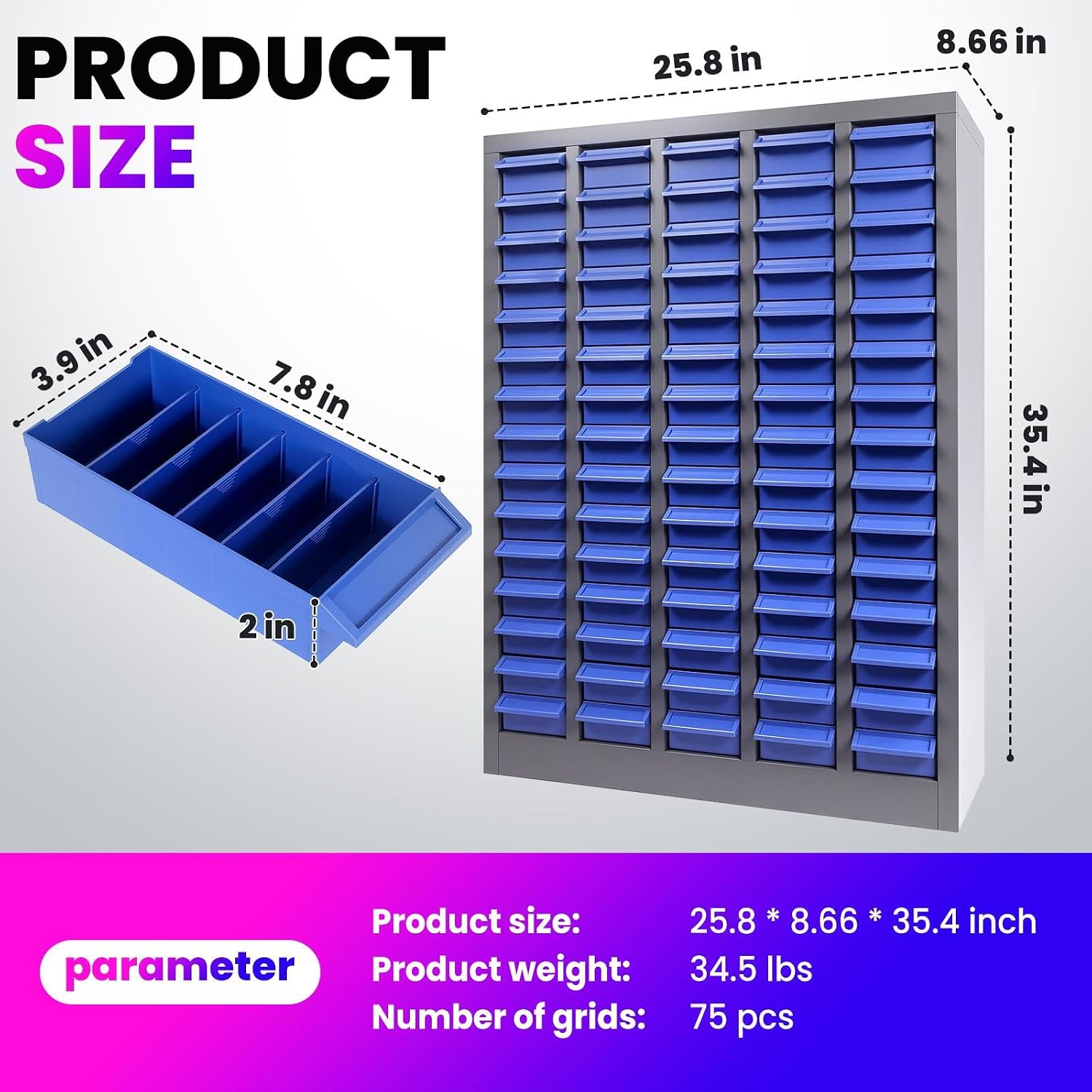 75 Drawers Nut and Bolt Organizer with Label, Opaque ABS Plastic Industrial Organizer with Labels, for Garage Workshop Craft Art Hobby