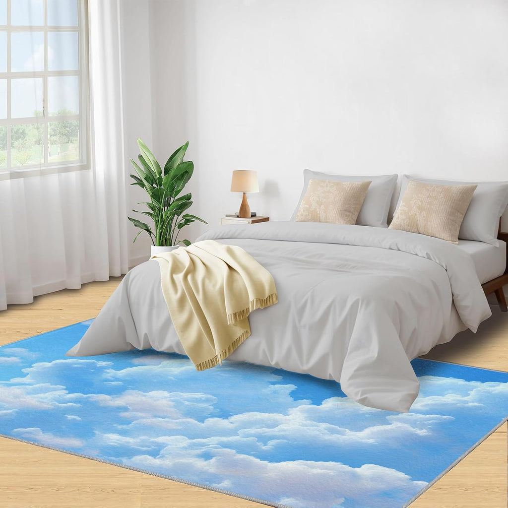 Blue Sky Rugs for Bedroom, White Clouds Rug 6x8, Natural Scenery Dining Room Rugs Washable & Non Slip Large Carpet for Home Decor
