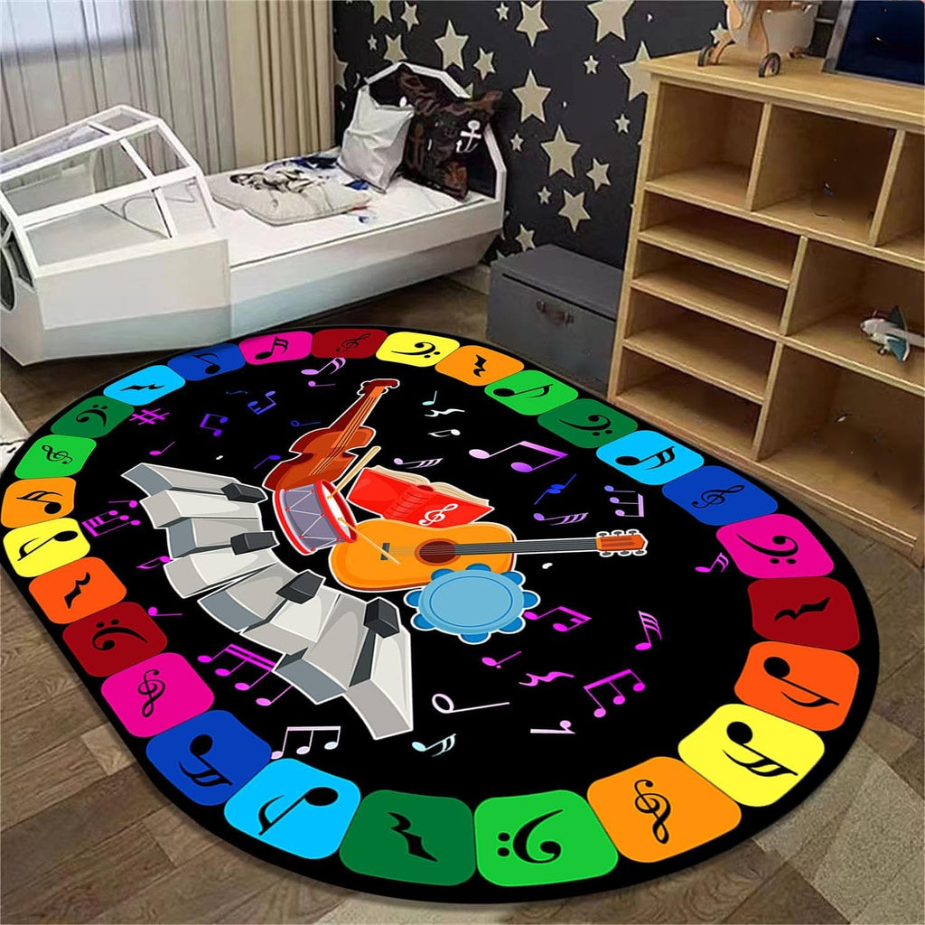 Music Themed Kids Rugs, 6x8ft, Colorful Musical Note Rugs for Bedroom, Music Performance Piano Guitar Washable Non-Slip Rug, Shed Resistant Low Pile Thin Mat for Classroom Floor
