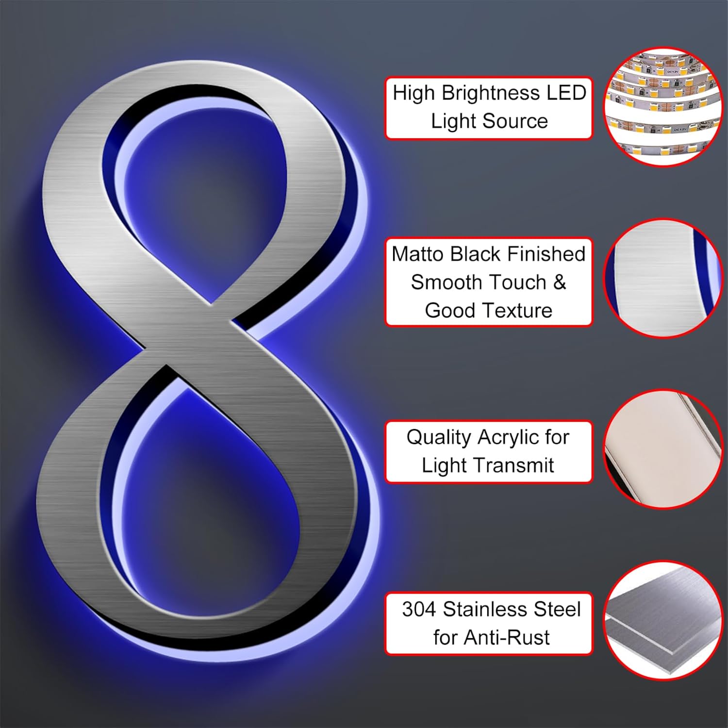 Stainless Steel Illuminated LED House Numbers For Outside, Backlit LED Floating Home Address Number, Modern Large Lighted House Numbers For Outside Modern
