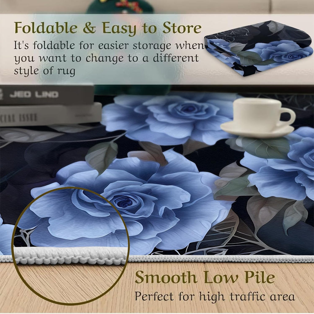 Blue Roses Black Leaves Area Rug, Modern Light Luxury Indoor Non-Slip Kids Rugs, Machine Washable Breathable Durable Carpet for Room Sofa Living Room Mat Bedroom Home Decor Floor Mats,6 x 8ft