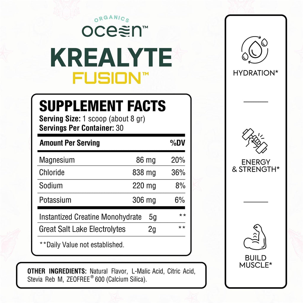 Organics Ocean Krealyte Fusion - Instantized Creatine Monohydrate Powder with Electrolytes - Muscle Strength, Endurance & Hydration Support - Vegan, Sugar-Free, Pink Lemonade Flavor - 120 Servings
