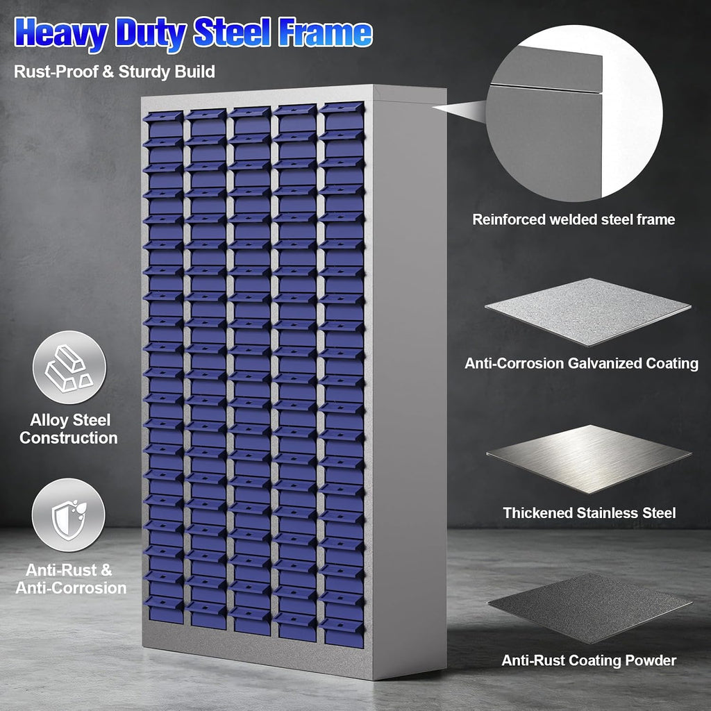 100 Drawers Nut and Bolt Organizer, 45 Inch Tall Steel Hardware Organizer with Adjustable Dividers & Labels, Large Capacity Heavy Duty Parts Cabinet for Garage Workshop Industrial Use