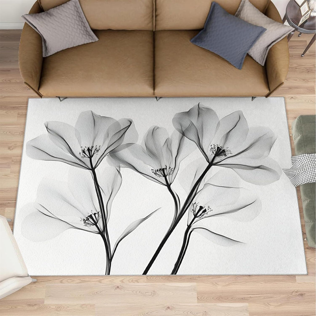 Black and White Laser Flowers Area Rug, Watercolor Flowers Bedroom Rug, Non Slip Bedside Rugs for Living Room Study Office Kitchen Dining Room Decor Floor Mat 6x8
