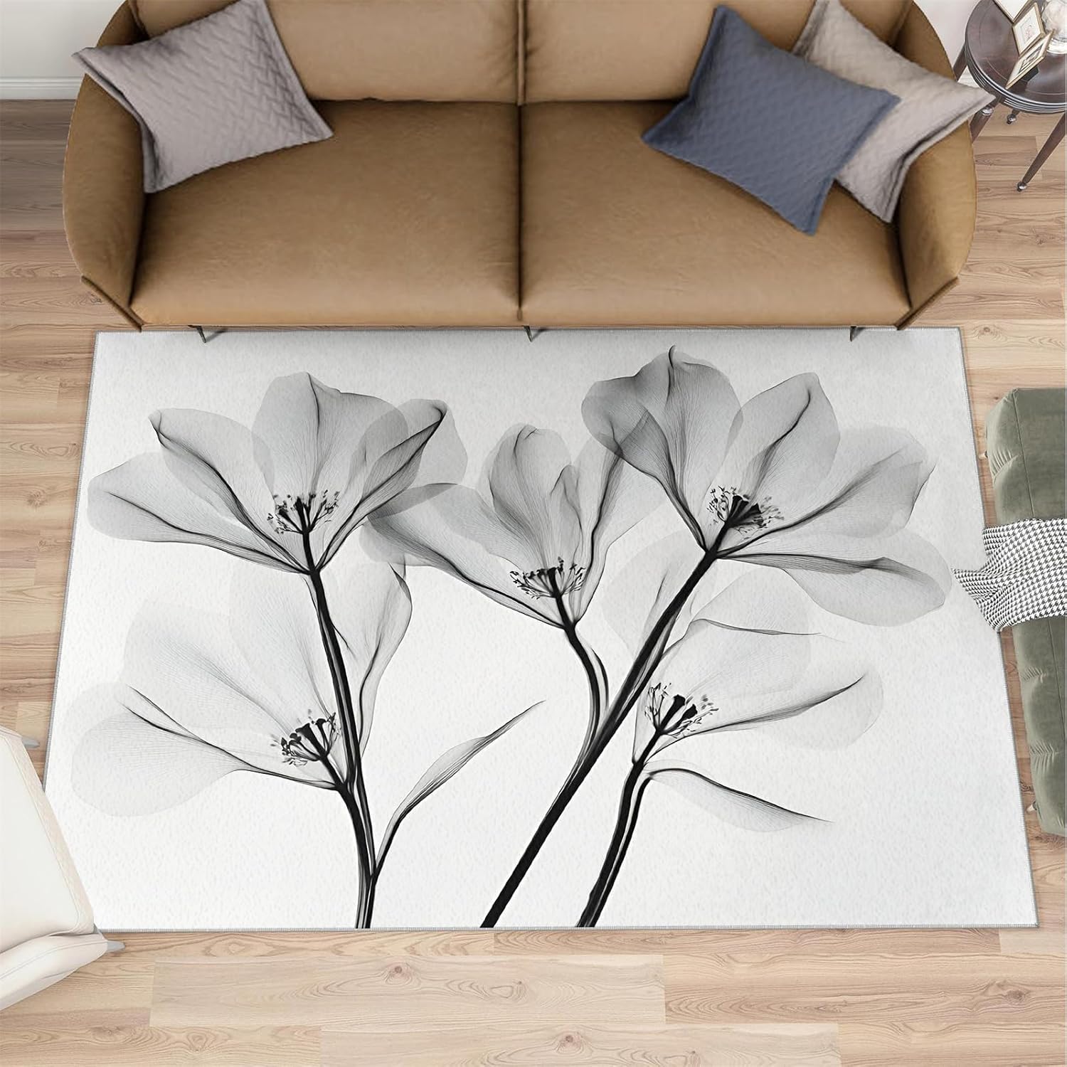 Black and White Laser Flowers Area Rug, Watercolor Flowers Bedroom Rug, Non Slip Bedside Rugs for Living Room Study Office Kitchen Dining Room Decor Floor Mat 6x8