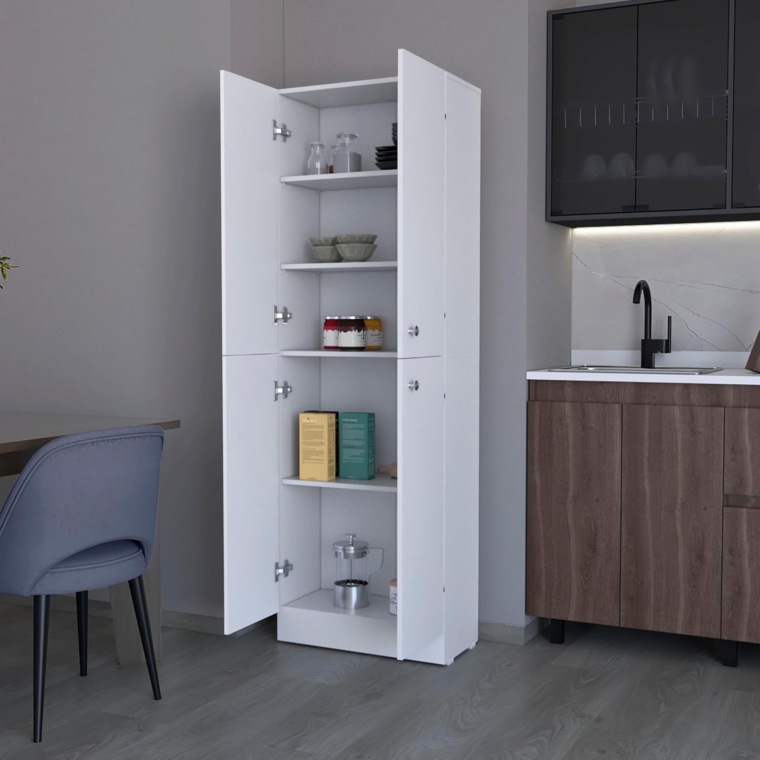 71' 4-Door Freestanding Storage Cabinet, Kitchen Storage Bakers Rack with Hidden Shelves, Utility Food Cupboard with Stylish Design for Home Kitchen, White