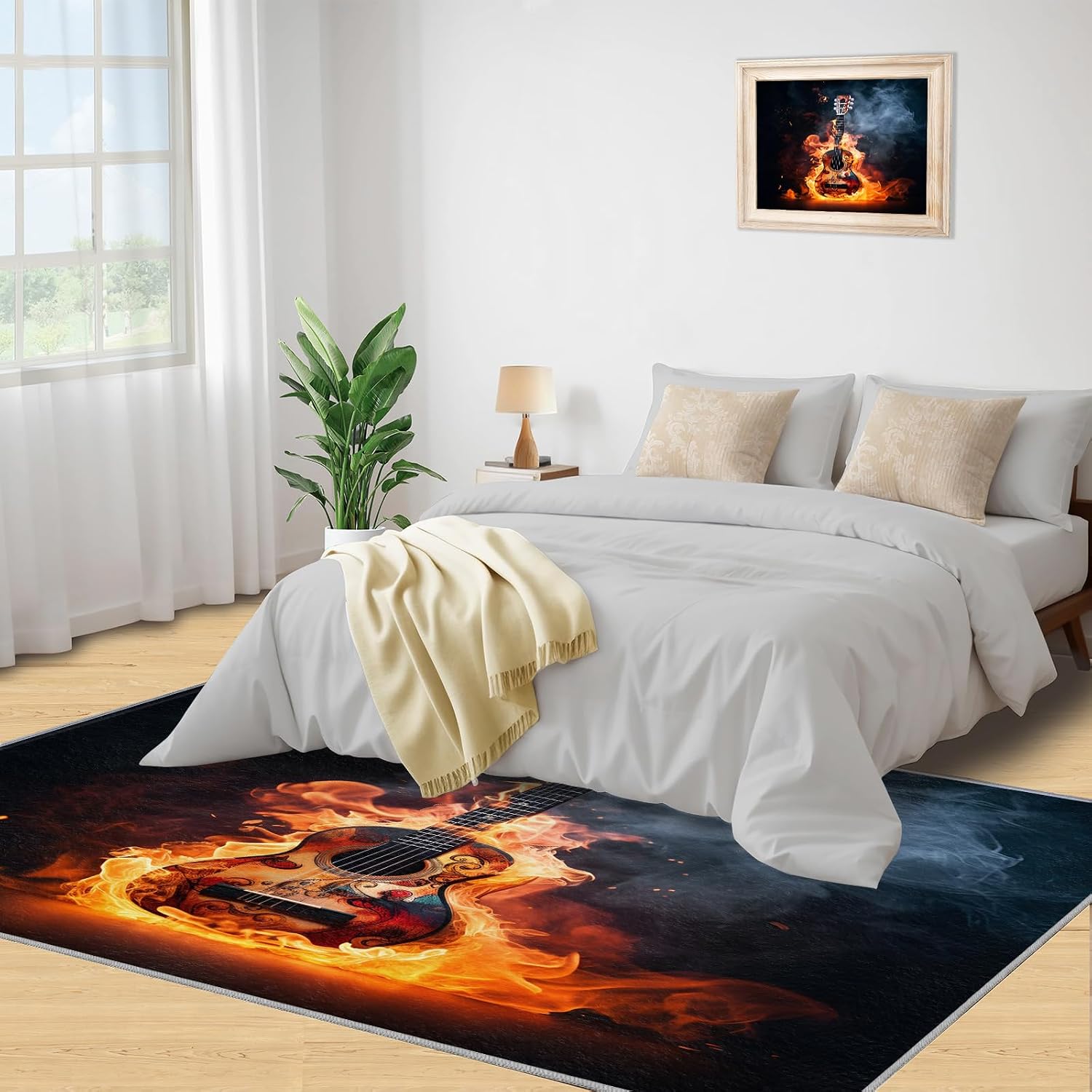 Flame Electric Guitar Music Area Rug 6x9 Rugs for Living Room Bedroom, Vintage Guitar Kids Rugs, Dark Copy Space Throw Rugs for Entryway Indoor Front Door Mat Non Slip Bedside Rug