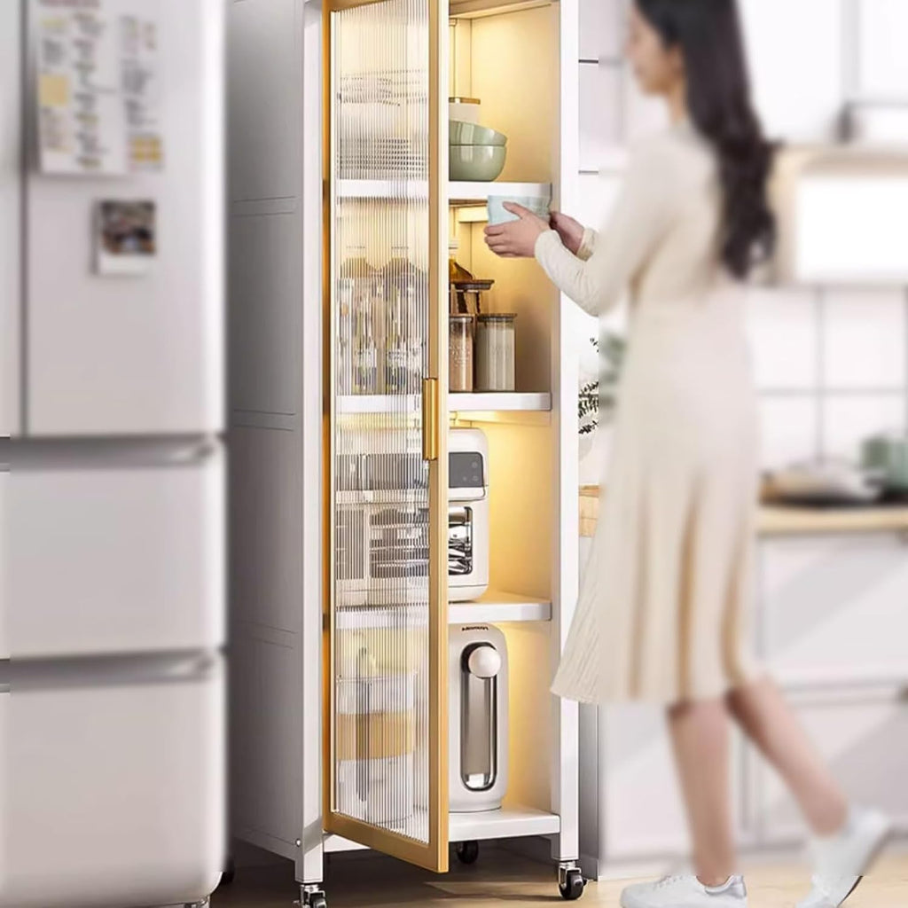 Kitchen Storage Rack with Wheels Bakers Rack with Storage Cabinet with Transparent Door with of Brakeable Casters, for Kitchen, Dining Room, Living Room(Gray,45 * 40 * 115.5cm)