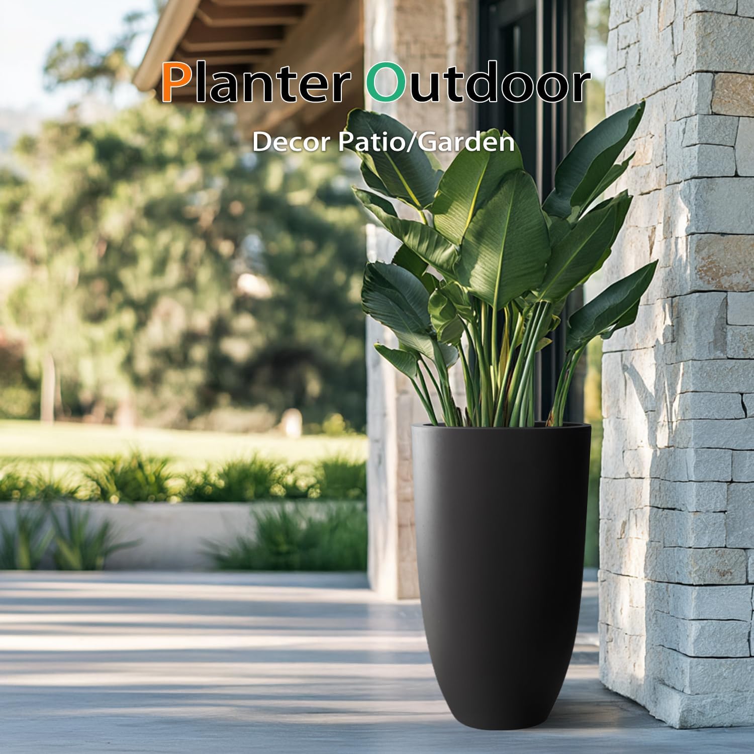 Heyzier Tall Planters for Outdoor Plants, Large Concrete Flower Pots for Garden Front Porch, Patio, Indoor (Black)