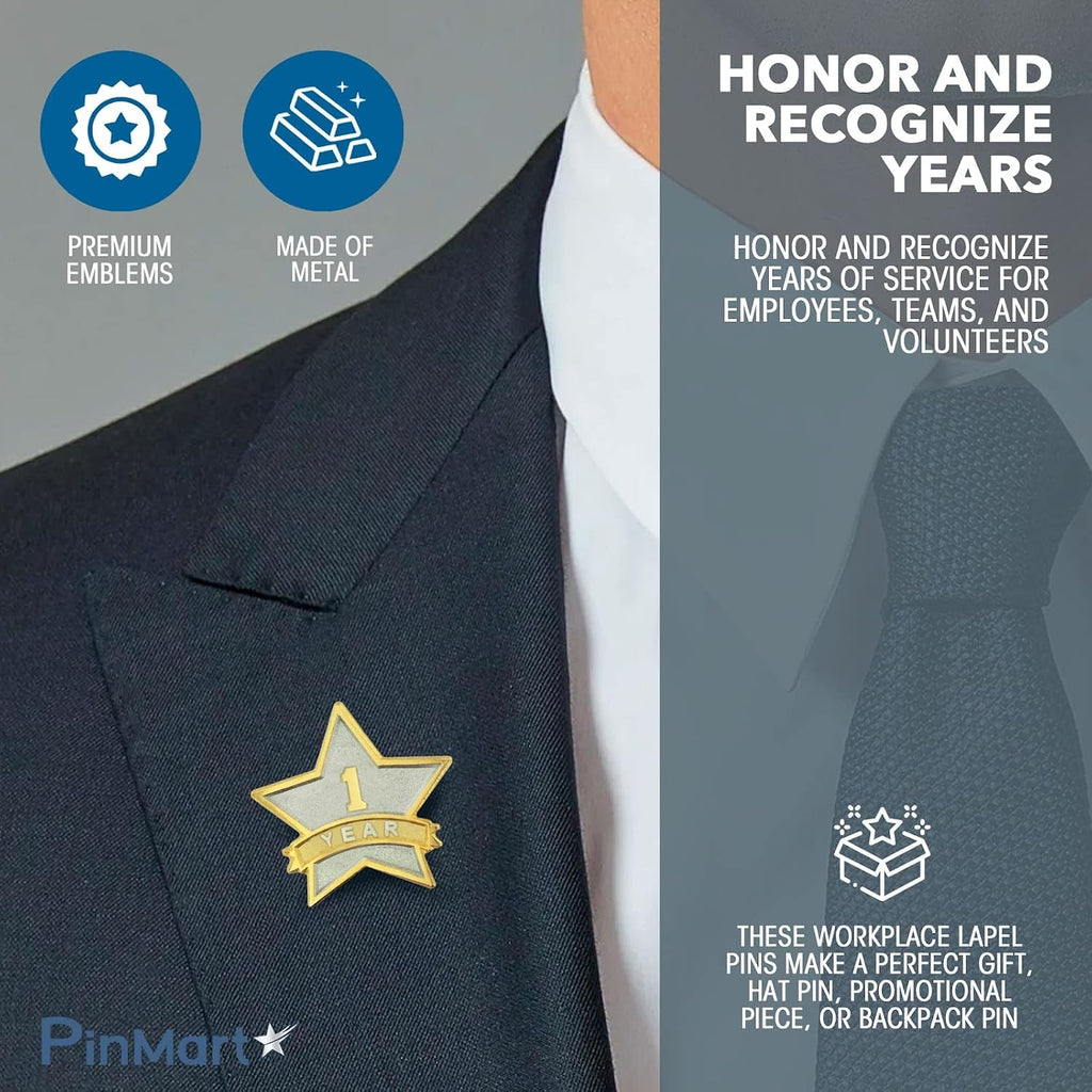 PinMart Year Service Award STAR Lapel Pin – Gold Color Plated- & Silver-Plated Metal Workplace Reward Pin – 1-30, 35, 40, 45 & 50 Years of Service Star Pins for Long Standing Employees or Volunteers