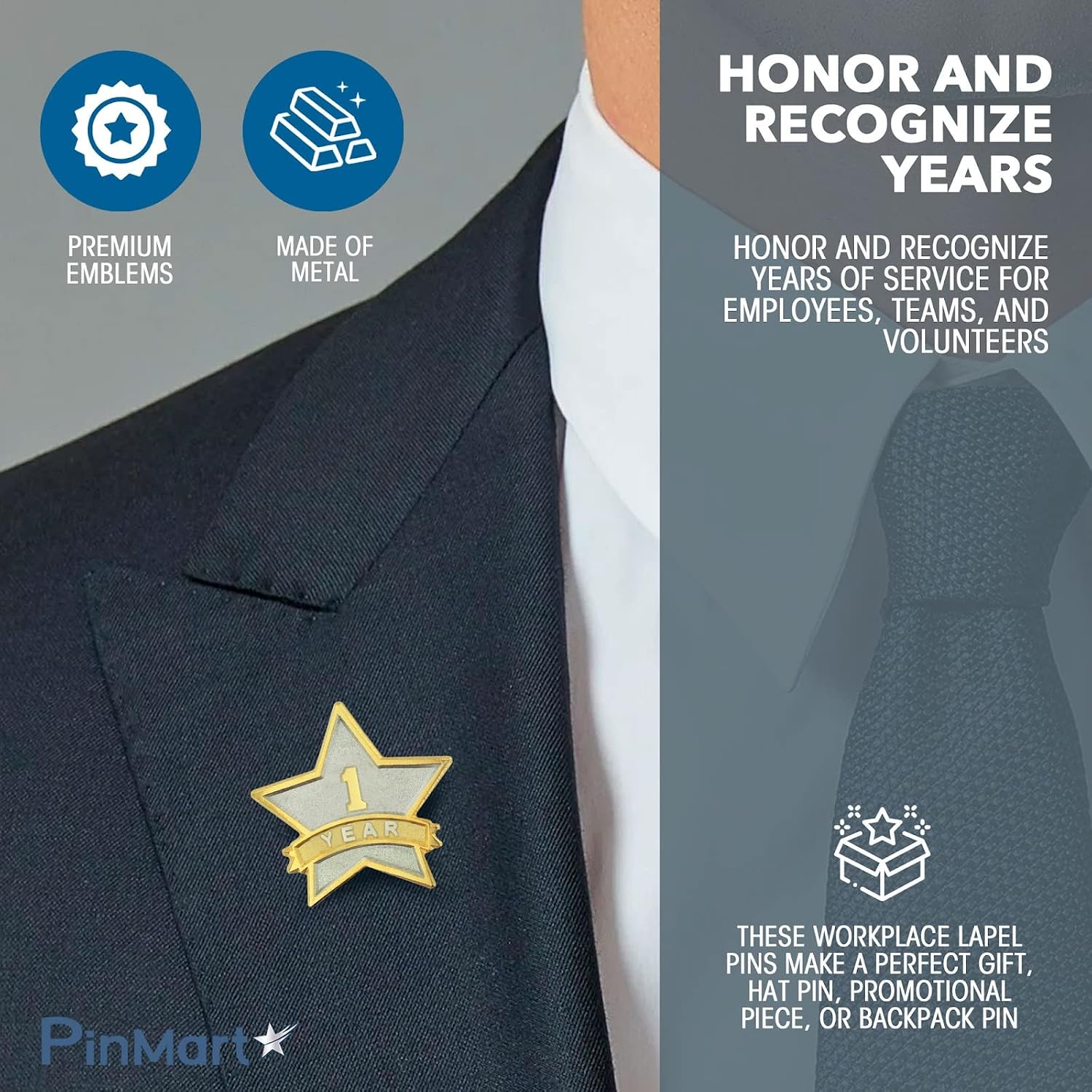 PinMart Year Service Award STAR Lapel Pin – Gold Color Plated- & Silver-Plated Metal Workplace Reward Pin – 1-30, 35, 40, 45 & 50 Years of Service Star Pins for Long Standing Employees or Volunteers