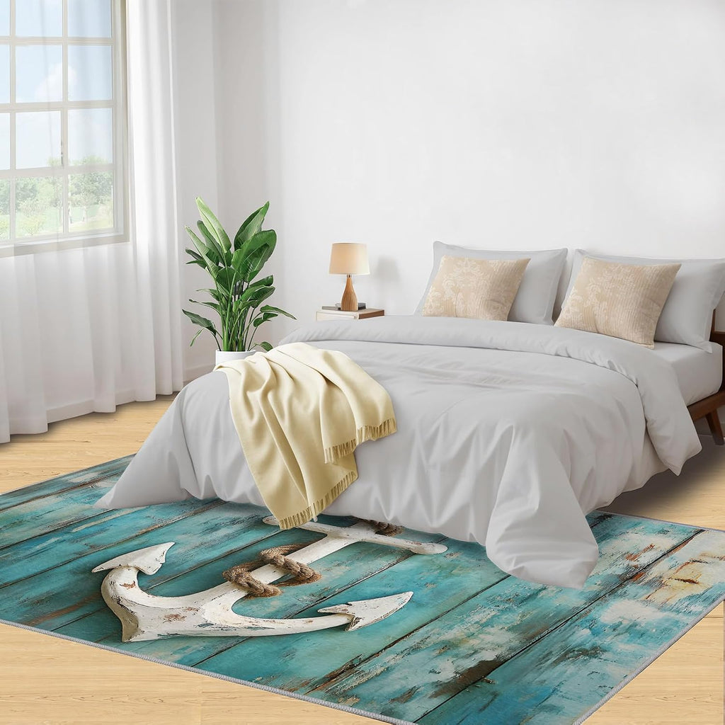 Anchor Rug 6x8, Retro Wooden Boards Rugs for Bedroom, Nautical Theme Area Rug, Non Slip Washable Rugs for Living Room Farmhouse, Indoor Low Pile Decor Carpet