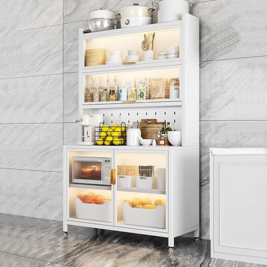 6-Tier Kitchen Bakers Rack with Storage Cabinet, Flip Door, White Microwave Stand with Hooks, Coffee Bar Organizer, 100cm, Carbon Steel Frame(100cm)