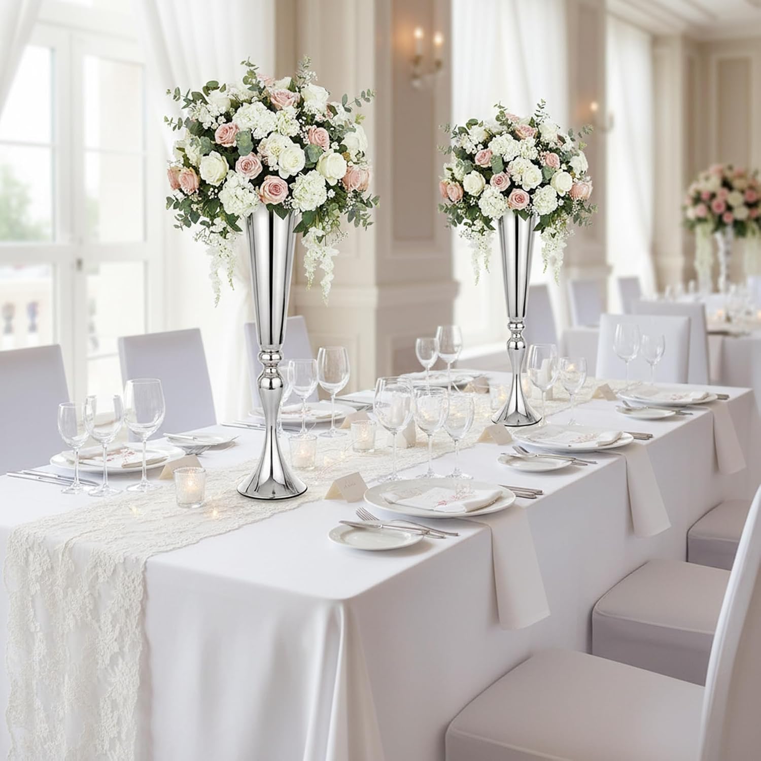Metal Trumpet Vases for Centerpieces - Set of 10 Elegant Silver Vases for Table, 21.9' Tall Flower Stands for Table Centerpieces Anniversary Celebration Christmas Event Party Home Wedding Decorations