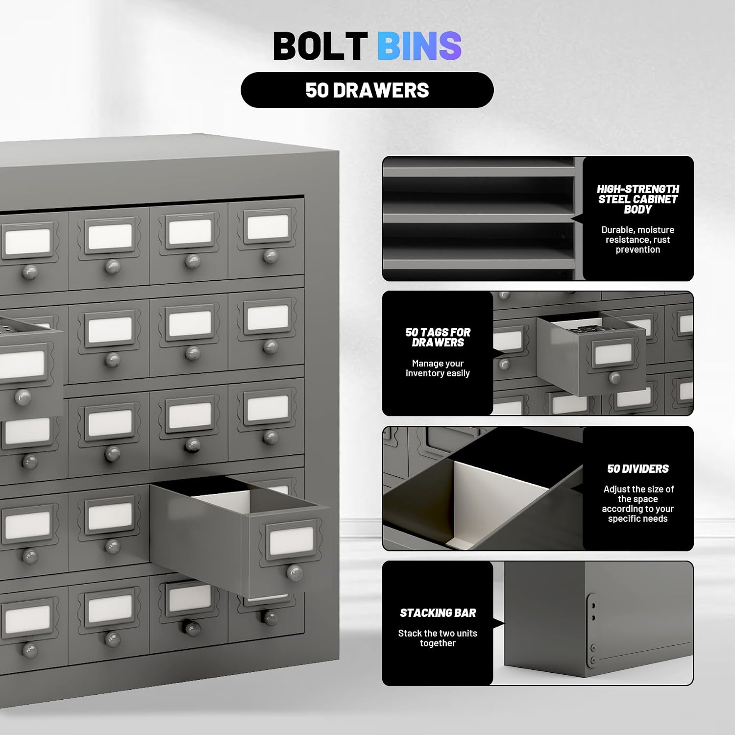 50 Drawers Metal Storage Drawer Cabinet, Gray Cold Rolled Parts Cabinet, Bolt and Nut Tool Storage Box, Hardware Organization Shelves Bolts Bin Organizer Tool, 33.9' W x 9.1' D x 17.3' H