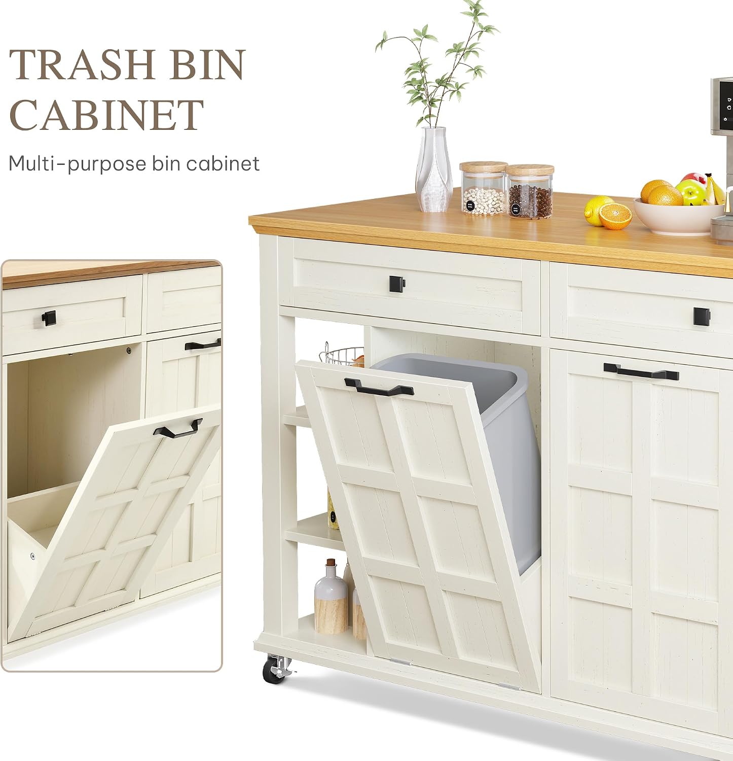 YITAHOME Rolling Kitchen Island with Drop Leaf, 51 Inch Kitchen Cart with Trash Can Cabinet, Americana Center Island with Power Outlet, Mobile Foldable Dining Table with Open Shelves, Off-White