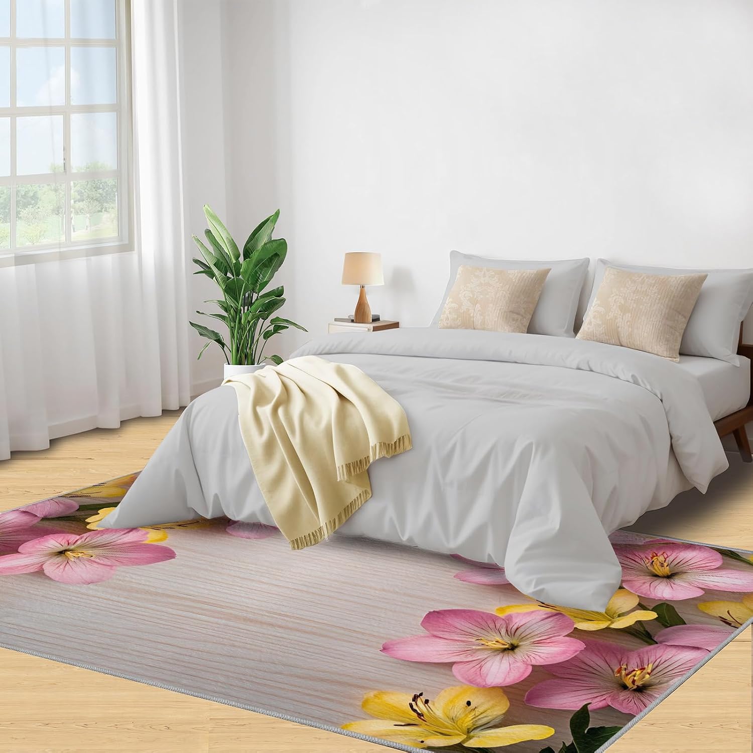 Floral Rug Large - 6x8 Rug, Pink Yellow Flower Washable Rugs for Living Room, Spring Flower Carpet, Wood Grain Non-Slip Area Rugs for Bedroom, Rustic Carpet, Floral Home Decor