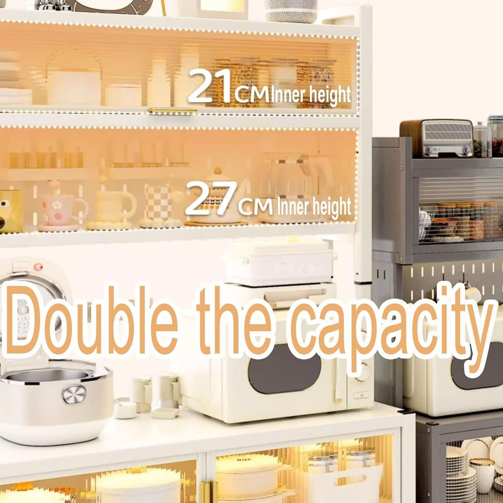 Kitchen Storage Cabinet Made of Coarsened Carbon Steel Kitchen Bakers Rack with Flip Door Kitchen Hutch Microwave Stand with Lockable Casters and Foot Pads(82 * 44 * 150/165/180CM)