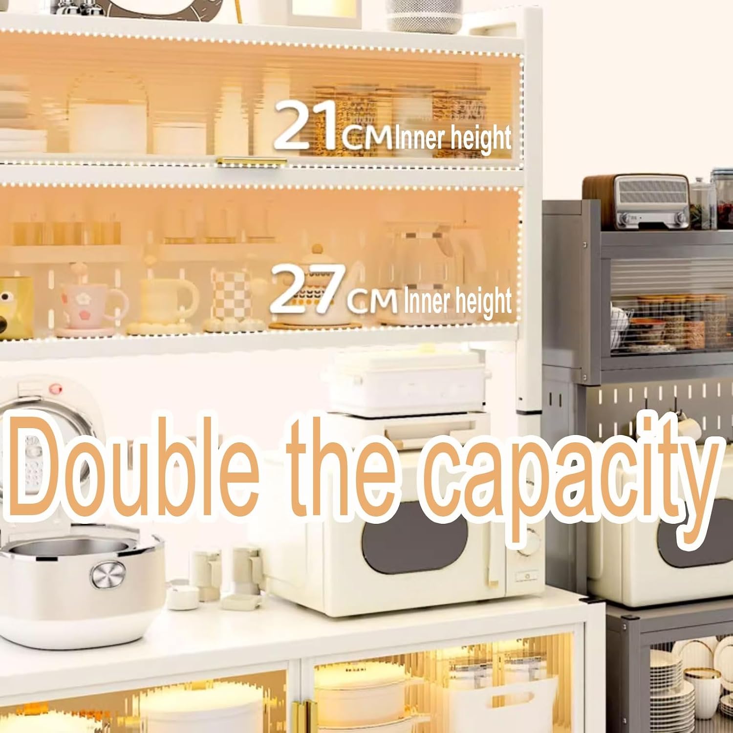 Kitchen Storage Cabinet Made of Coarsened Carbon Steel Kitchen Bakers Rack with Flip Door Kitchen Hutch Microwave Stand with Lockable Casters and Foot Pads(82 * 44 * 150/165/180CM)