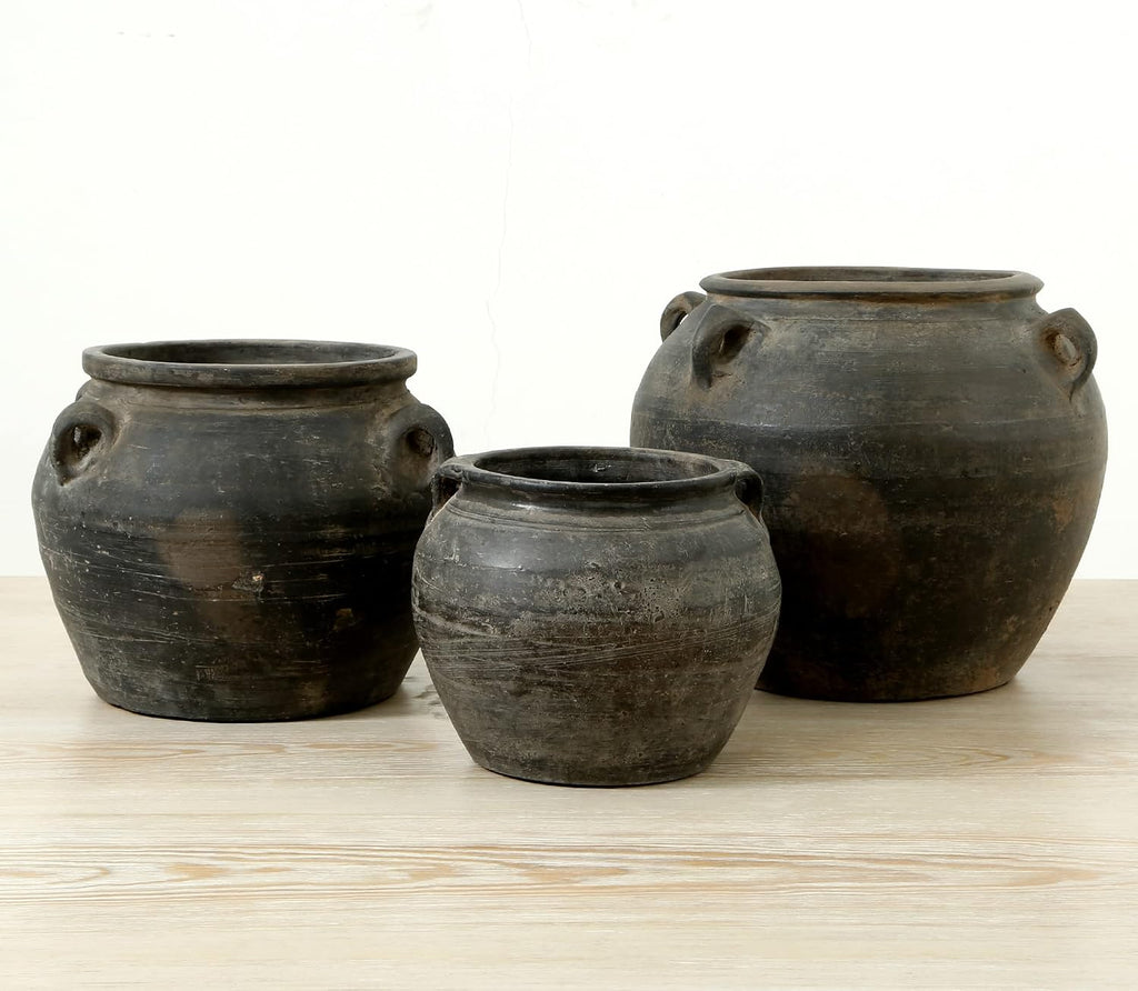 Artissance Home Small Gray Pottery Indoor Outdoor Vintage Water Jar w/4 Handles, Home and Garden Décor (Color & Size Vary)