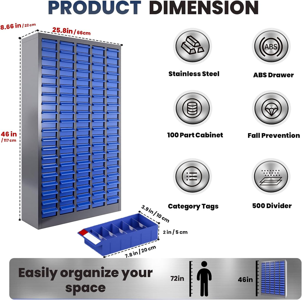 100 Drawers - Part Cabinet, Shelves & Label Stickers - Bolt and Nut Organizer Bolt Bin Cabinets, Durable Steel Tool Storage Cabinet for Garage/Workshop Small Parts/Hardware Organization