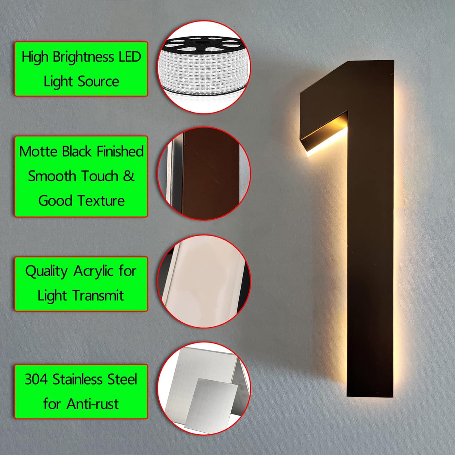 18' Backlit LED Home Address Number, Lighted Up House Numbers Plaques For Outside, Steel House Numbers Plaques With Lights For DIY Yard Outdoor,W