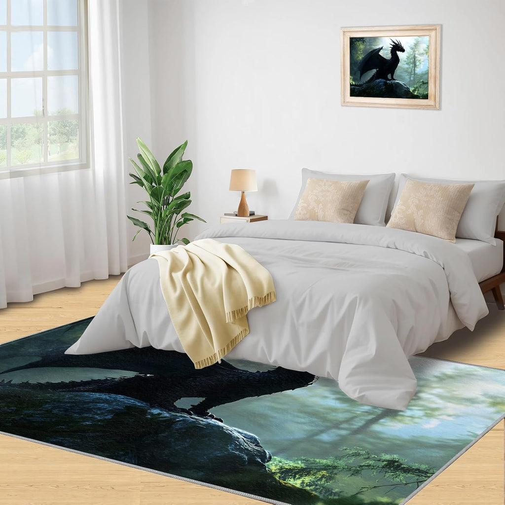 Dragon Rug 6x8-6x8 Rug, Western Area Rugs for Bedroom, Green Forest Rugs for Living Room, Magical Animal Washable Mat, Flying Wildlife Carpet, Dragon Home Decor & Gifts